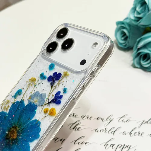 Vista 5 de Funda floral para iPhone 17 con flores reales prensadas, bonito diseño de flores secas prensadas transparentes con purpurina para mujer, suave TPU