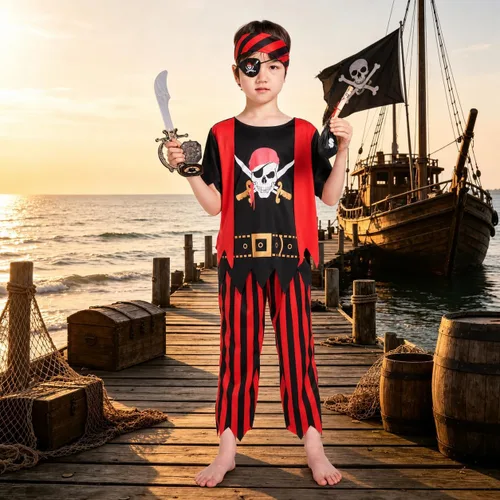 Vista 4 de Wizland Disfraz de pirata para niños, disfraz de pirata para niños Niños Pirata 3pcs