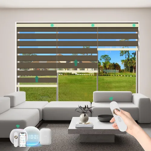 Vista 11 de Persianas motorizadas de cebra con control remoto [doble capa + filtro de luz] Persianas inteligentes 60% opacas para ventanas interiores