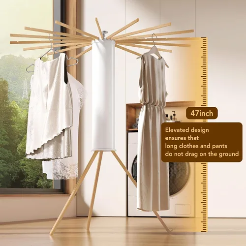 Vista 9 de Trípode plegable para secado de ropa, madera de haya y soporte de lavandería portátil, colgador plegable que ahorra espacio con 16 brazos