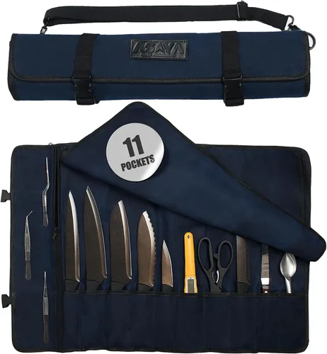 Vista 11 de Asaya - Bolsa enrollable de lona para cuchillos de chef - 10 ranuras para cuchillos y un gran bolsillo con cremallera - Funda duradera de lona
