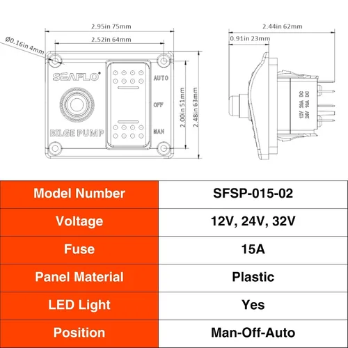 Vista 11 de SEAFLO Panel de interruptores de bomba de sentina de 3 vías (automático-apagado manual) 12v 24v con disyuntor integrado de 15 A