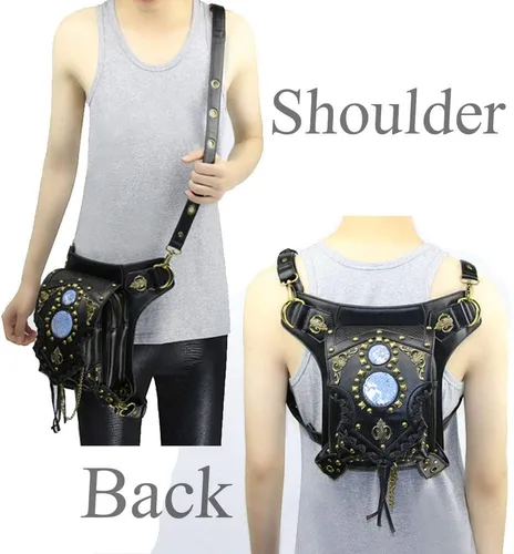 Vista 5 de Riñonera gótica de cuero steampunk con cadena bolsa cruzada para el hombro bolsa de cadera Negro