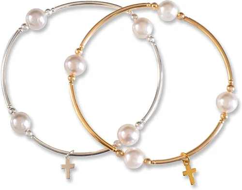 Vista 3 de Made As Intended Pulsera Blessing de 0.315 in con perlas blancas con tubos rellenos de oro y dije de cruz