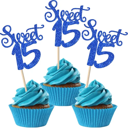 Vista 9 de 36 piezas de adornos para cupcakes con purpurina de 15 años de 15 años para cumpleaños, aniversario, fiesta, suministros de decoración de tartas
