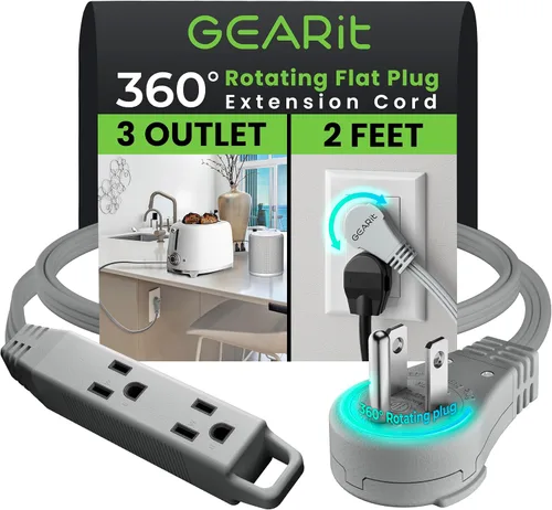 Vista 28 de GEARit Cable de extensión de enchufe plano giratorio de 360° de 3 pies, cable de alimentación de perfil bajo de 3 salidas, ahorro de espacio