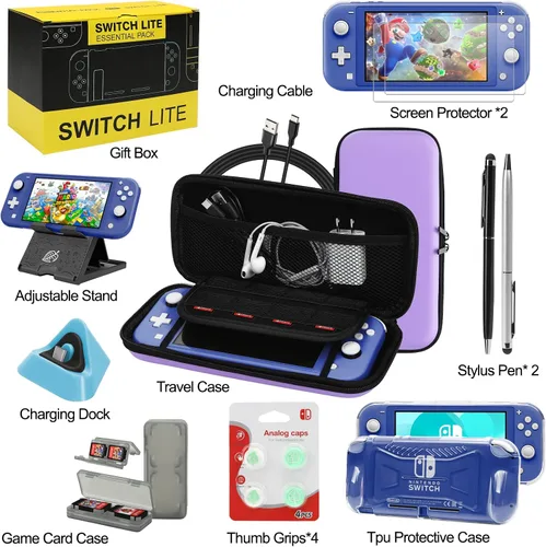 Vista 2 de Switch Lite - Paquete de accesorios, kit con funda de transporte, funda de TPU con protector de pantalla, base de carga, soporte de juego, funda