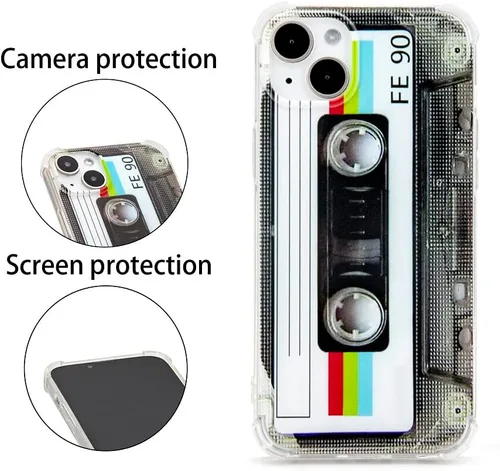 Vista 2 de FAteamll Funda para iPhone 14 Plus, acabado mate, resistente, suave, con esquinas reforzadas, TPU suave, parachoques retro, funda de cinta de casete