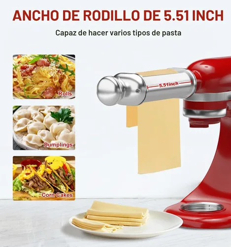 Vista 2 de Rodillo de pasta para batidora de pie KitchenAid, accesorio de rodillo de pasta de acero inoxidable con perilla de grosor ajustable de 8 posiciones