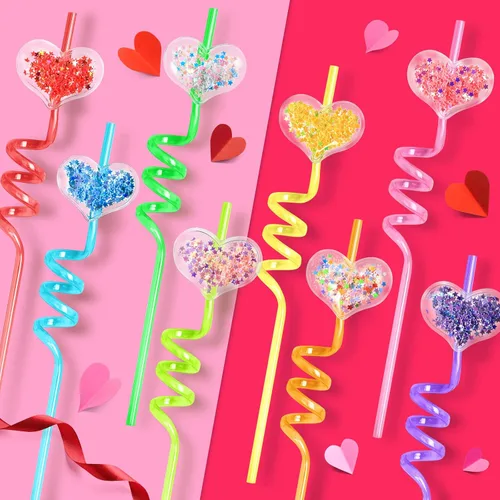Vista 2 de 24 popotes de plástico con purpurina de 8 colores para el día de San Valentín, con 2 cepillos de limpieza