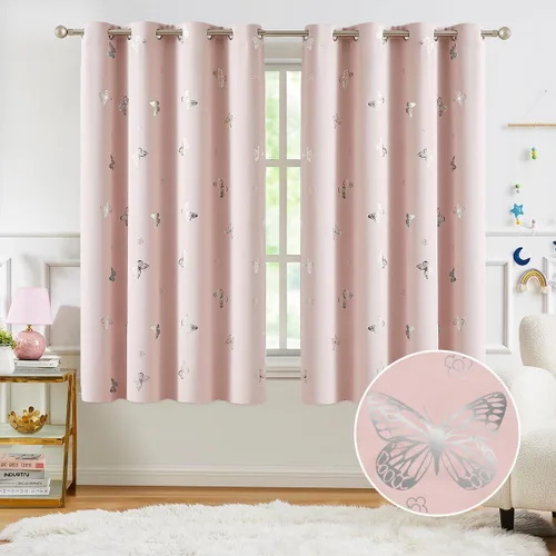 Vista 23 de Jubilantex - Cortinas opacas con diseño de mariposa dorada, 80 % rosa bebé Cortinas opacas 80% rosa lavanda/rosa bebé, estampado de mariposa