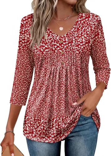Vista 16 de Ekouaer Blusas de manga 3/4 para mujer, cuello en V, blusas plisadas casuales Boho Multicolor