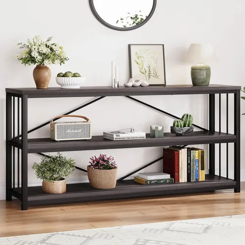 Vista 24 de LVB Mesa consola negra, mesa de entrada moderna para pasillo y sala de estar, mesa de sofá industrial detrás del sofá, mesa de entrada de madera