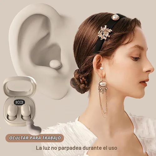 Vista 2 de AE100A - Auriculares inalámbricos Bluetooth para orejas pequeñas, mini auriculares invisibles con diseño ergonómico, 4 horas de reproducción Beige