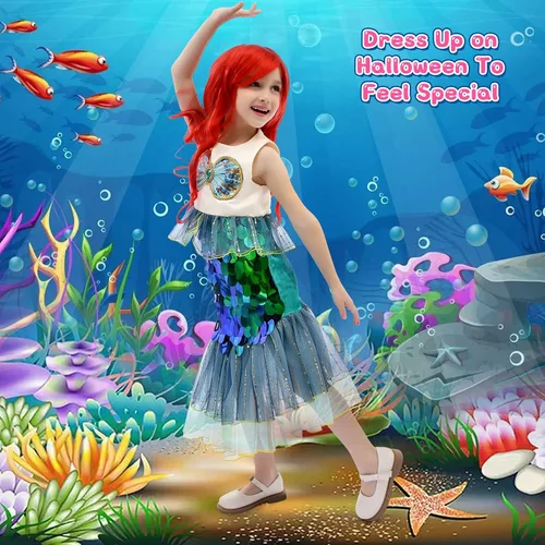 Vista 7 de Latocos Little Mermaid Ariel Halloween Costumes for Girls Princess Dress Up with Red Wig 3-10 Years Kids Cosplay Gift