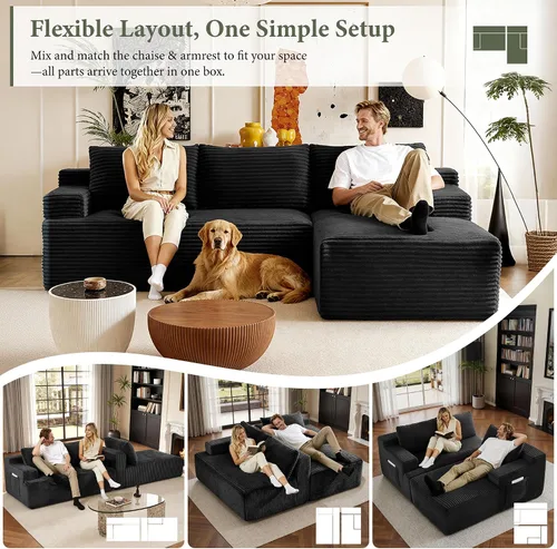 Vista 5 de Sofás seccionales de 105" para sala de estar, sofá cloud con forma de L tapizado, sofás modulares sin estructura rígida, sofá seccional moderno