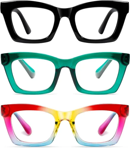Vista 20 de Paquete de 3 anteojos de lectura con bloqueo de luz azul, marco grueso para Negro+negro rosa+rosa leopardo
