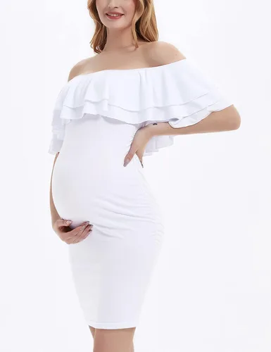 Vista 2 de Bhome Vestido de maternidad con hombros descubiertos, vestido de verano para baby shower, vestido de embarazo con doble volante, para sesión de fotos