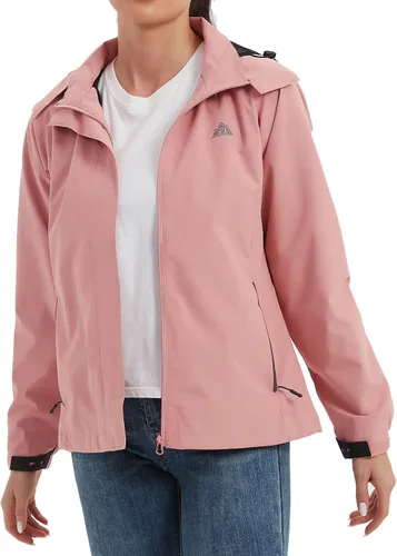 Vista 4 de MOERDENG Chaqueta impermeable para mujer, ligera, con capucha, para senderismo, cortavientos softshell