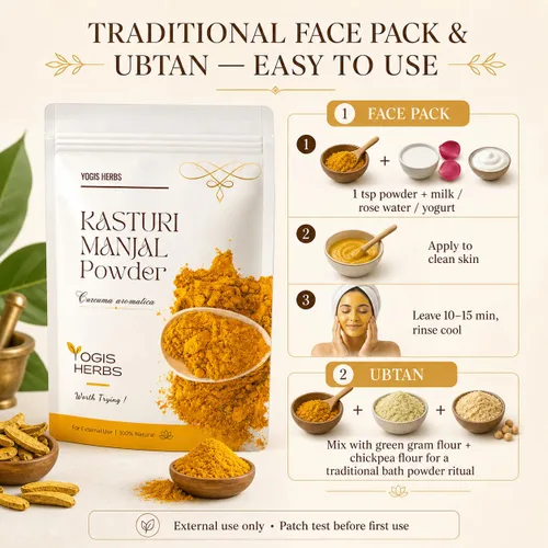 Vista 7 de YOGIS HERBS MANJAL KASTURI Premium Powder (Curcuma Aromatica/Cúrcuma Silvestre) Fresco y Puro - 8.82 oz - Para Baño, Belleza y Cuidado de la Piel