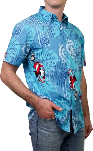 Vista 2 de Marvel Camisa con botones para hombre, azulAqua Cap Island, talla S, AzulAqua "Cap Island