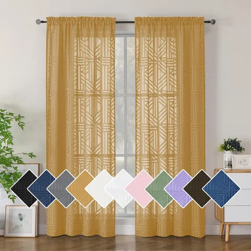 Vista 8 de Simplebrand Cortinas traslúcidas negras de cocina de 24 pulgadas de largo, 2 paneles, filtrado de luz, geométrico jacquard con textura, cortinas