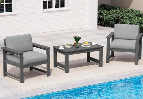 Vista 21 de SERWALL Juego de sofá de 2 piezas de sillón Adirondack acolchado de Marco negro/cojín gris
