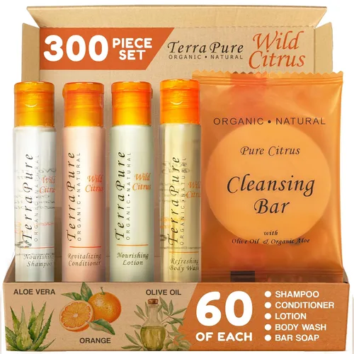 Vista 9 de Terra Pure Wild Citrus Toiletries Set Kit de Amenidades 1-Shoppe Champú de 1 oz, acondicionador, gel de baño, loción, jabón en barra de 1 onza