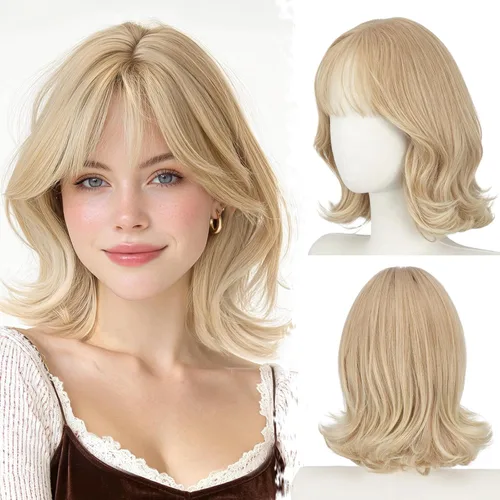 Vista 23 de BARSDAR Synthetic Short Layered Brown Highlights Bob Wig with Wispy Bangs