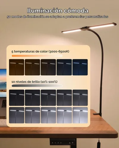 Vista 4 de VEVOR Lámpara de escritorio LED con abrazadera, lámpara de escritorio de arquitecto de doble cabezal para oficina en casa, luz de escritorio