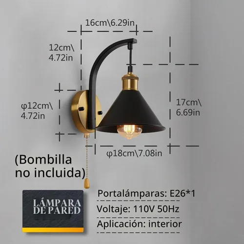 Vista 2 de Lightess Apliques de Pared Industriales con Interruptor de Cordón, Luz de Pared Montada Estilo Granja Negro, Accesorio de Iluminación de Pared