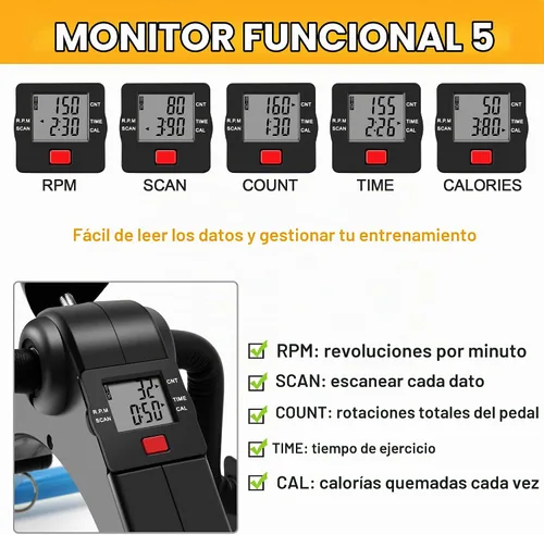 Vista 5 de Pedal ejercitador de piernas y brazos Bicicleta estática con monitor LCD plegable (negro/azul)