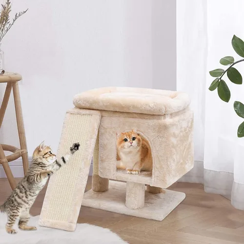 Vista 5 de SYANDLVY Árbol pequeño para gatos grandes de interior, condominio para gatitos con poste rascador y tabla, torre de actividades moderna con cueva