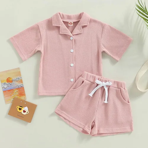 Vista 3 de Mubineo Pantalones cortos básicos de verano para bebés y niñas pequeñas, camisa con botones, ropa