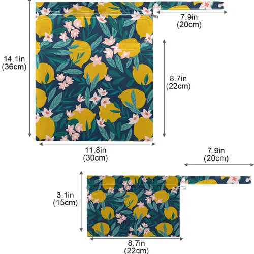 Vista 7 de visesunny Lemon Floral - 2 bolsas húmedas con bolsillos con cremallera, lavable, reutilizable, espaciosa para viajes, playa, piscina, guardería