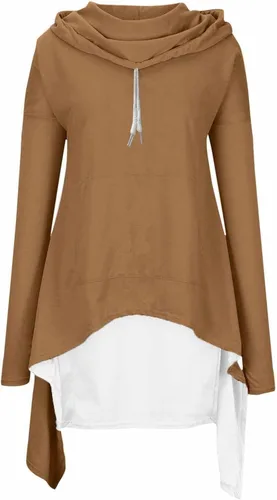 Vista 3 de Sudadera básica de otoño para mujer, con dobladillo irregular, sudadera larga con capucha y cordón de cuello alto, manga larga, casual, para otoño