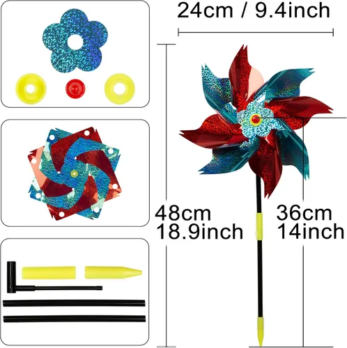 Vista 4 de PROLOSO Molino de viento decorativo de Mylar reflectante holográfico, 15 unidades, para jardín, patio, piscina
