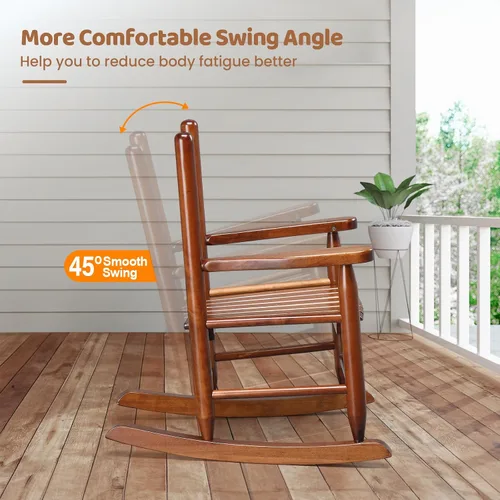 Vista 5 de JOYMOR Silla mecedora de madera para exteriores para niños con respaldo alto, balancín para niños resistente al clima, silla mecedora de patio