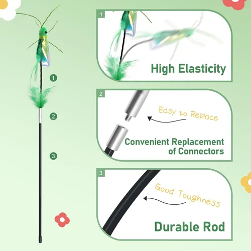 Vista 4 de SONGWAY Varita de juguete para gatos – Juguete de varita de gato con 4 piezas de repuesto de juguete de plumas de insecto, juguetes interactivos