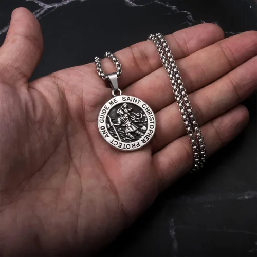 Vista 6 de ELFASIO Colgante de San Miguel, medalla de San Cristóbal, medallas de San Benito, collar de cruz de Jesús para hombres y mujeres, colgante de acero