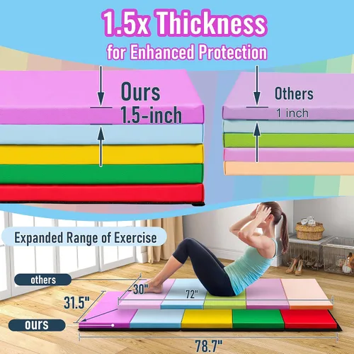Vista 3 de Betterhood Gymnastics Mats for Tumbling Set of 2, 1.5" Thick Folding Exercise Mats w/Hook & Loop, Non-Slip Bottom & Carrying Handles, Rainbow