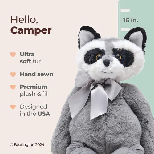 Vista 2 de Bearington Camper - Animal de Peluche Mapache - Mapache de Peluche Gris de 16" con Pelaje Suave, Base de Bolsitas para Estabilidad, y Extremidades