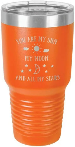 Vista 11 de Taza de viaje grabada con grabado en polvo de acero grabado con láser, con texto en inglés "You are MY SUN MY MOON AND ALL MY STARS", sin BPA