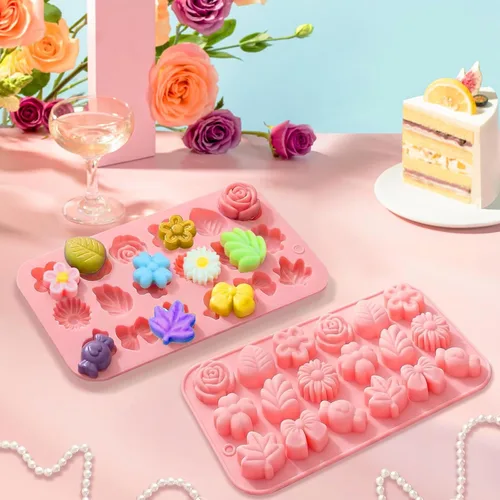 Vista 7 de Moldes de silicona florales de caramelo de flores, 2 unidades, moldes de chocolate con margarita, tulipán, rosa, pajarita, hojas de gelatina, molde