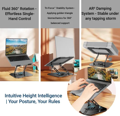 Vista 5 de Soporte ajustable para laptop para escritorio, elevador ergonómico giratorio de 360°, soporte plegable para computadora portátil compatible