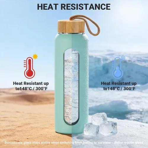 Vista 4 de Sursip Botella de agua de vidrio de 32 onzas, marcador de tiempo con funda y tapa de silicona Botella motivacional de 1 litro sin BPA, a prueba