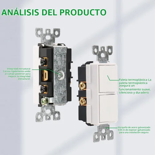 Vista 4 de Wengart Interruptor Decorativo de Combinación Basculante Dúplex, 120VCA 15Amp, Terminal de Tierra, Grado Residencial/Comercial, 2 Interruptores