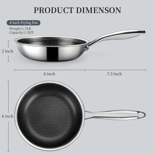 Vista 2 de Innerwell - Sartén de acero inoxidable de 8 pulgadas con revestimiento de nido de abeja antiadherente, sartén para huevos y tortillas, cocina