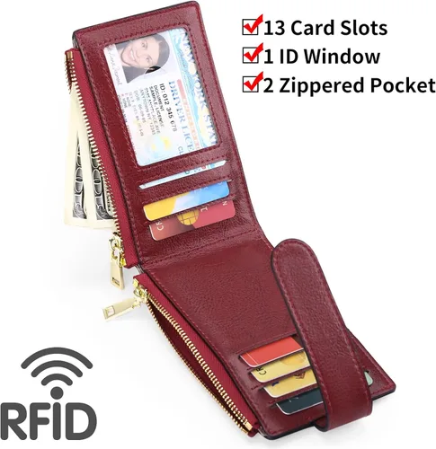 Vista 3 de FALAN MULE Billetera para AirTag para mujer con funda integrada para AirTag, AE-Borgoña, Billetera plegable con Airtag