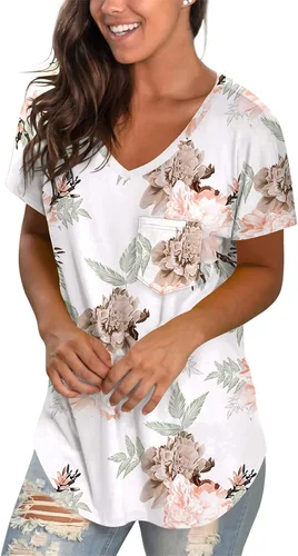 Vista 2 de WEESO - Camisetas de manga corta con cuello en V para mujer con dobladillo de cola caída ajuste relajado